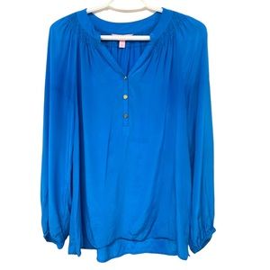 Lilly Pulitzer | 100% Silk Blue Elsa Top Smocked Long Sleeve 1/4 button S